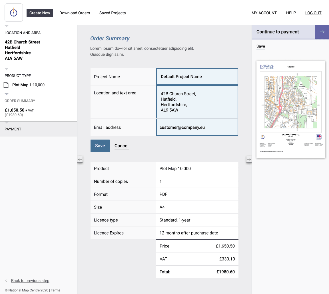 prototype screenshot of national map centre app - order summary